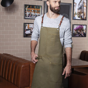 Canvas bib with leather strap